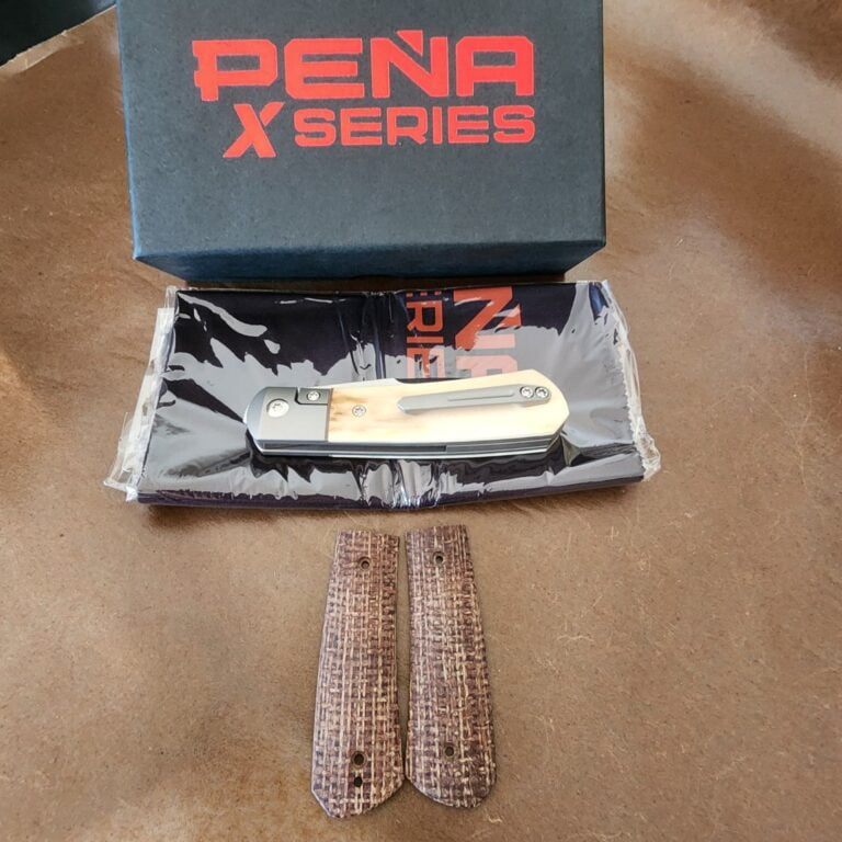 Pena Apache Front Flipper in Burlap Micarta and M390 with additional Custom Scales. knives for sale