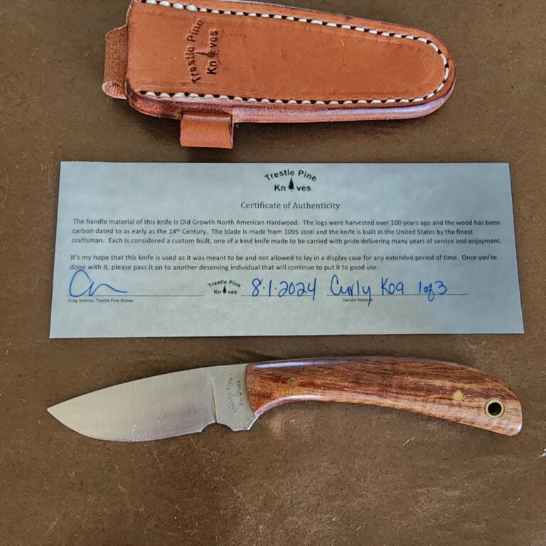 Trestle Pines Knives Curly Koa 1 of 3 "Buddy" By Hess and Great Eastern Cutlery knives for sale