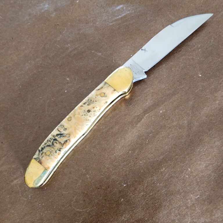 Trestle Pines Knives Superior Clear Box Elder Burl By Queen Cutlery (discounted due to large blem on blade) knives for sale