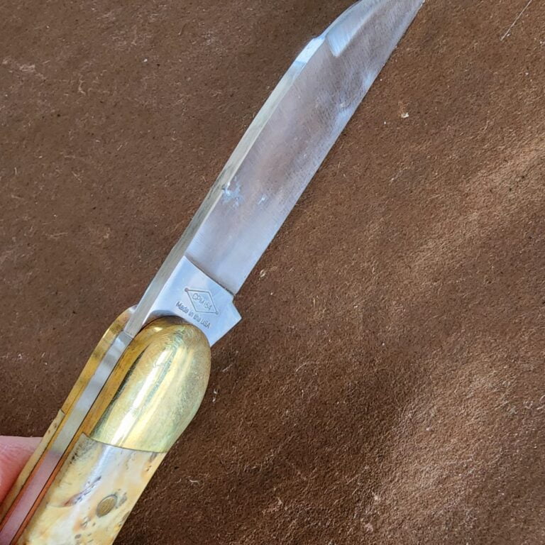 Trestle Pines Knives Superior Clear Box Elder Burl By Queen Cutlery (discounted due to large blem on blade) knives for sale