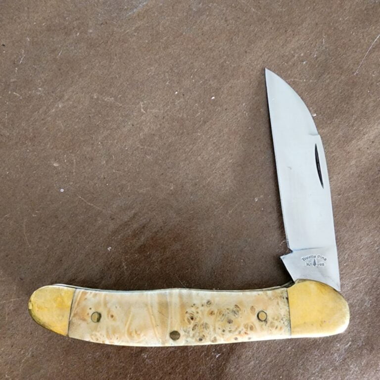 Trestle Pines Knives Superior Clear Box Elder Burl By Queen Cutlery (discounted due to large blem on blade) knives for sale