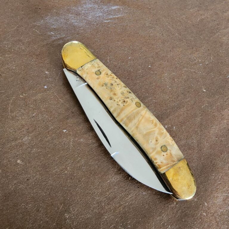 Trestle Pines Knives Superior Clear Box Elder Burl By Queen Cutlery (discounted due to large blem on blade) knives for sale