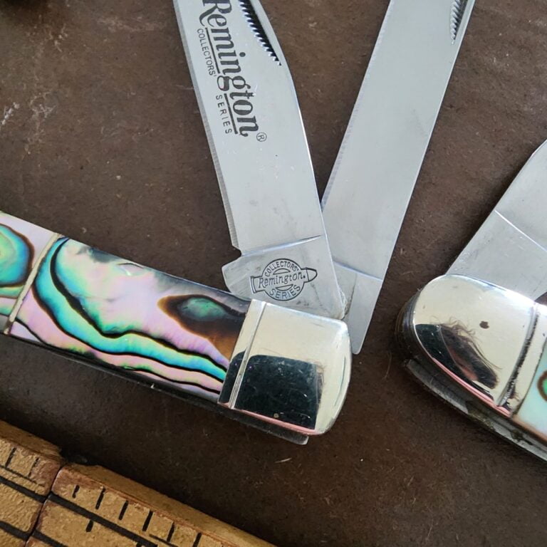 Limited Edition Remington Collector's Edition Knife Set, Stainless steel blade with match strike pulls and Abalone.  (Set of 5) knives for sale