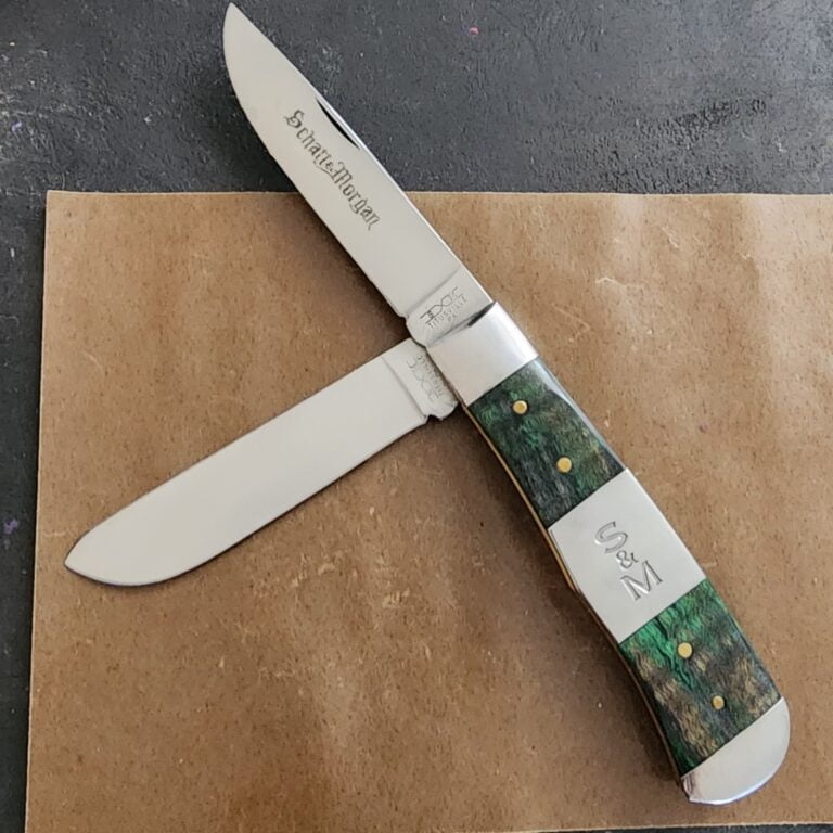 Schatt & Morgan 2 Bld. Mountain Man Green Maple Burl knives for sale