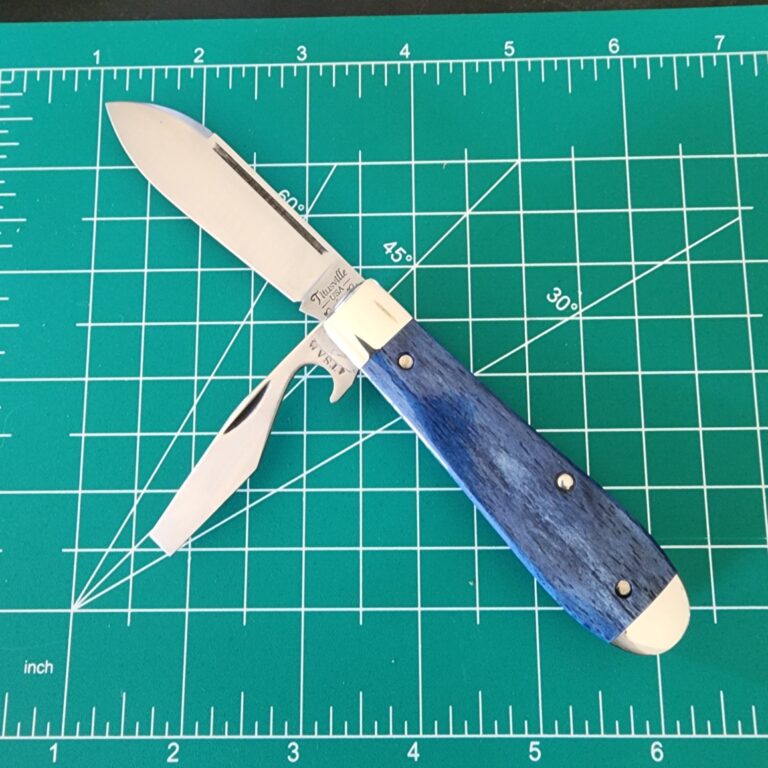 TSA Knives Exclusive Old Man Jack Caplifter w/ Spear Point blade in Olympic Blue Giraffe Bone (1 of 4) by Daniels 07/2024 knives for sale