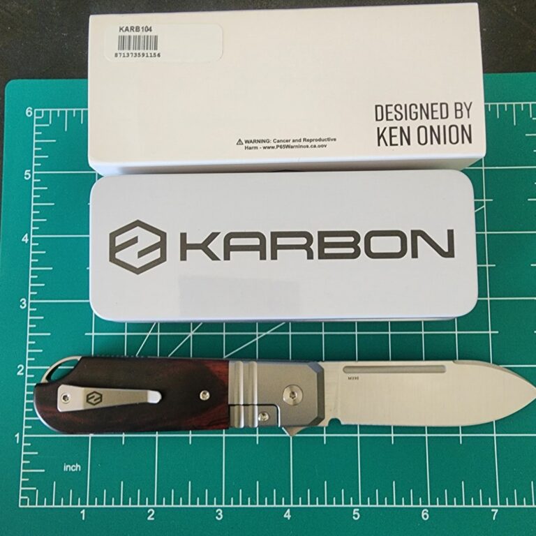 Karbon Knives Ken Onion Ahoy Frame Lock Flipper Knife 3.13" M390 Satin Spear Point Blade, Bolstered Titanium Handles with Desert Ironwood Scales - KARB104 knives for sale