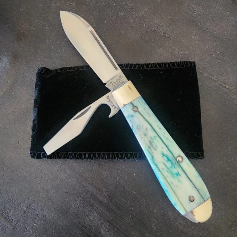 TSA Knives Exclusive Old Man Jack Caplifter w/ Spear Point blade in Mermaid Blue Giraffe Bone (1 of 4) by Daniels 07/2024 knives for sale