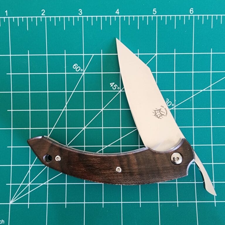 Fox/ Bastinelli Dragotac Friction Folder in N690 with Ziricote Wood Covers and Leather Sheath FOX518ZW knives for sale