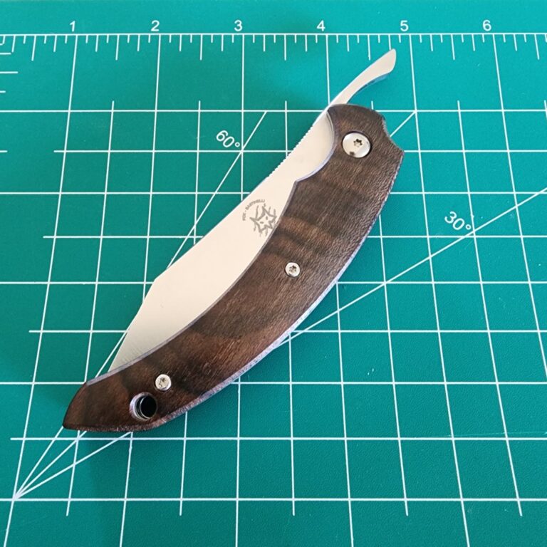 Fox/ Bastinelli Dragotac Friction Folder in N690 with Ziricote Wood Covers and Leather Sheath FOX518ZW knives for sale