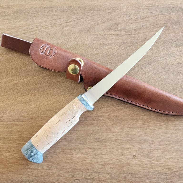 White River 6" Fillet Knife with Cork Handle and Leather Sheath knives for sale