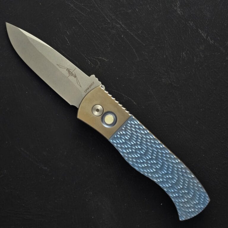 Protech 2024 Emerson Custom .003 6al4v Titanium Blue Textured with Bronze Bolster Frame, Stonewash 20CV Spear Point Blade, Pearl Button knives for sale