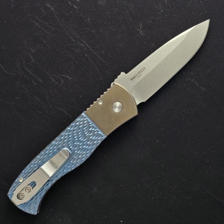 Protech 2024 Emerson Custom .003 6al4v Titanium Blue Textured with Bronze Bolster Frame, Stonewash 20CV Spear Point Blade, Pearl Button knives for sale