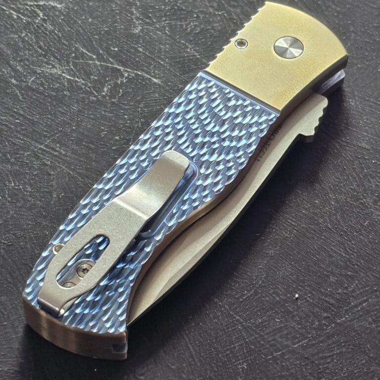 Protech 2024 Emerson Custom .003 6al4v Titanium Blue Textured with Bronze Bolster Frame, Stonewash 20CV Spear Point Blade, Pearl Button knives for sale