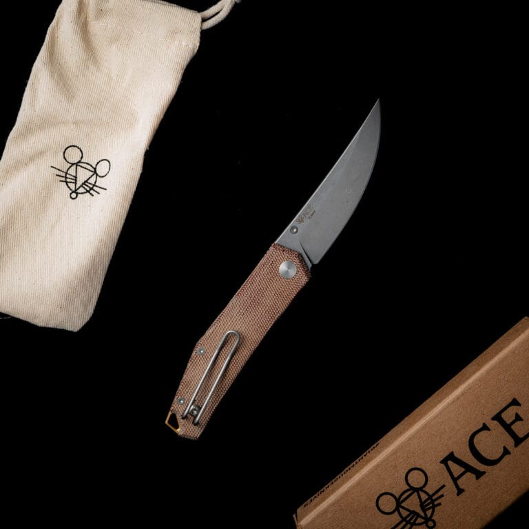 GiantMouse ACE Clyde in Natural Canvas with Brass Backspacer and Thumbstud Discounted "Rescue Mouse" knives for sale