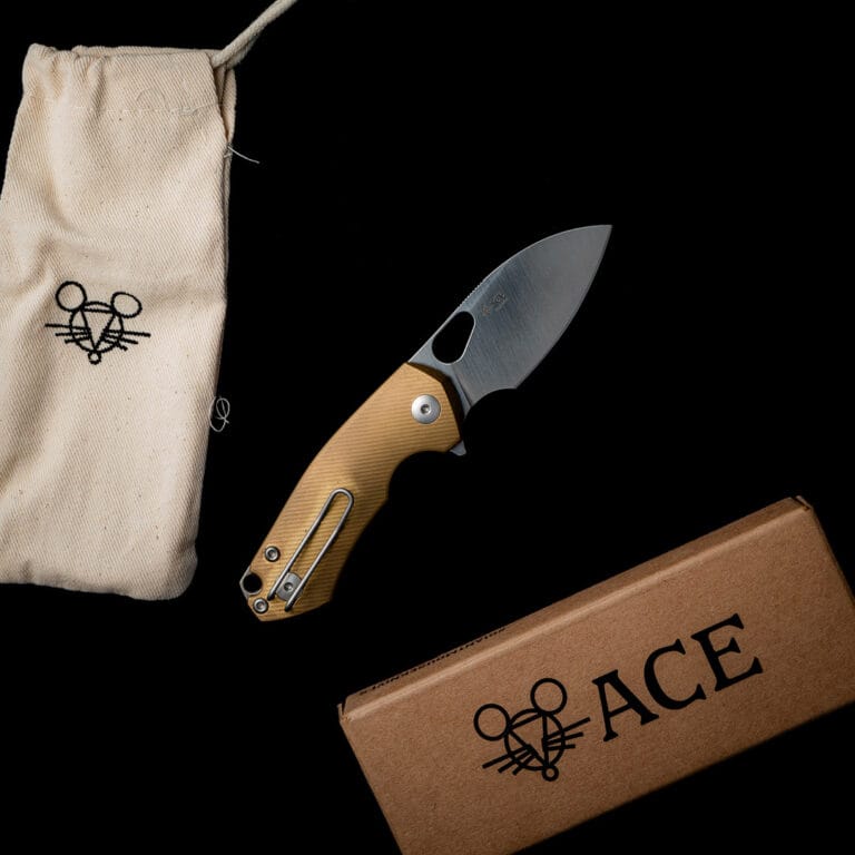 GiantMouse ACE Riv Liner Lock - Brass Discounted "Rescue Mouse" knives for sale