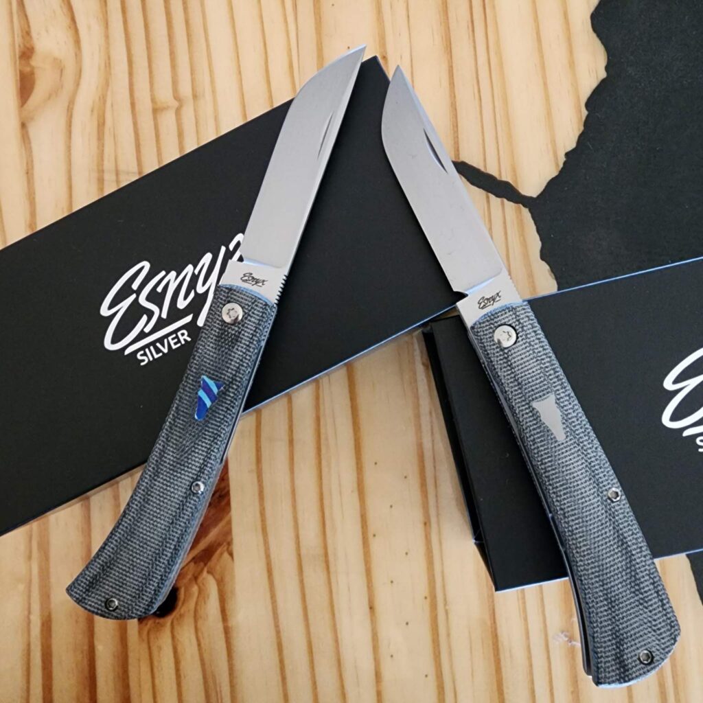 EVAN S. NICOLAIDES Presents the Silver Line Workhorse Flipper. knives for sale ESNYX Silver Line Workhorse Front Flipper Black Canvas Micarta Titanium Shield Bead Blasted Clip ESN-WHFF-72 knives for sale