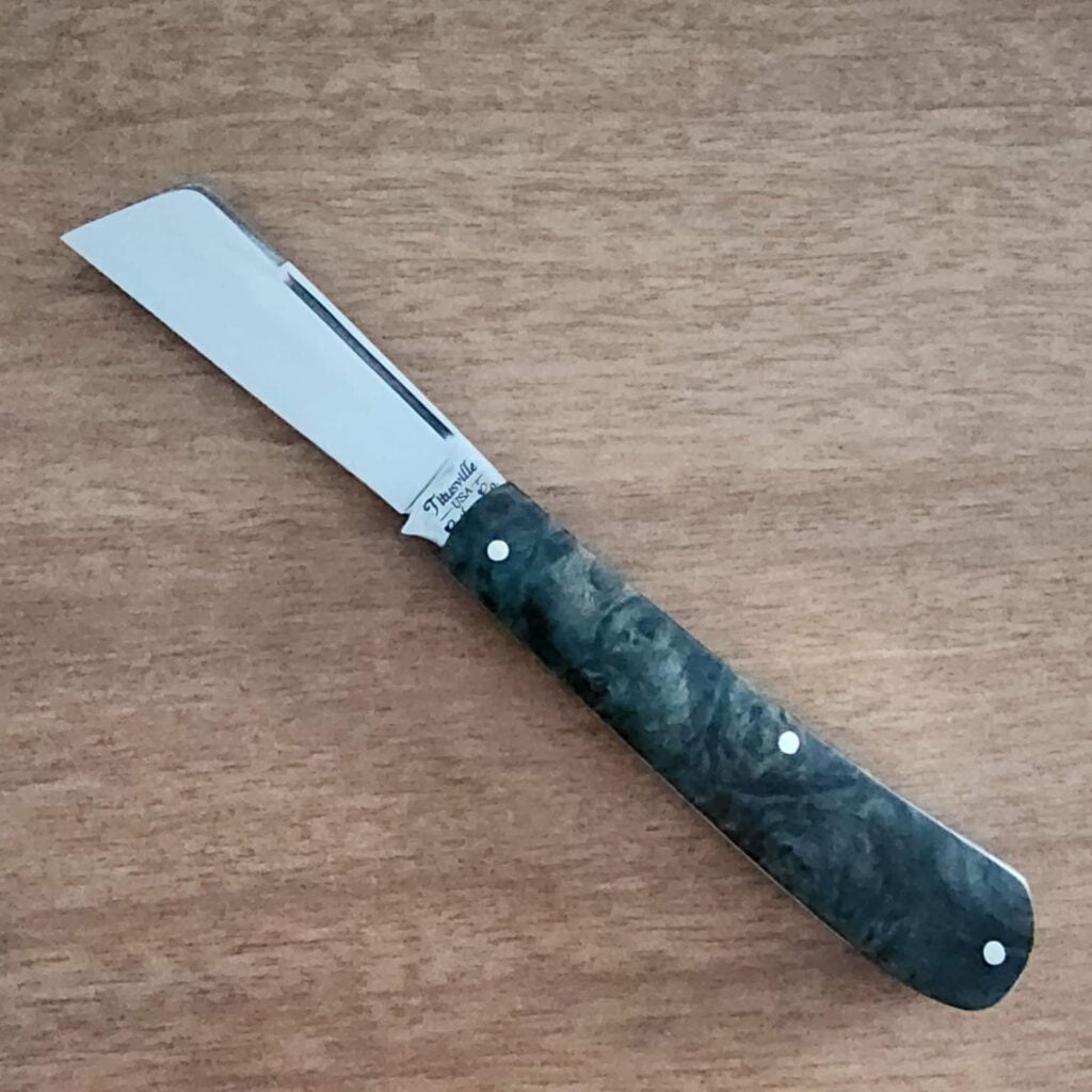 Titusville Big Easy Cotton Sampler 1095 Carbon W/ Long Pull 1 of 1 PROTOTYPE 2024 Green Maple Burl Shadow Pattern knives for sale