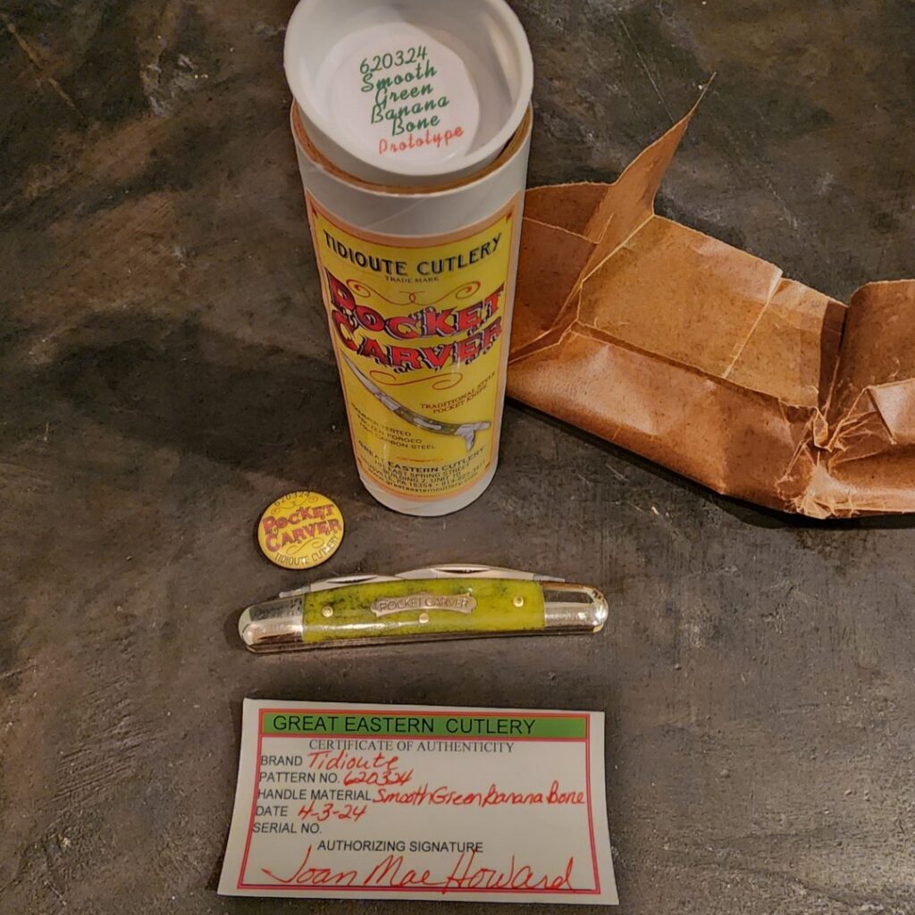 Introducing Great Eastern Cutlery's Finest Selection: The #620324 Series in Rosedale Richlite, Prototype Green Banana Bone, and Orange Delrin, Alongside #143223 Autumn Peach Seed Bone & #130224 Black Maple Richlite knives for sale Great Eastern Cutlery #620324 Smooth Green Banana Bone PROTOTYPE knives for sale