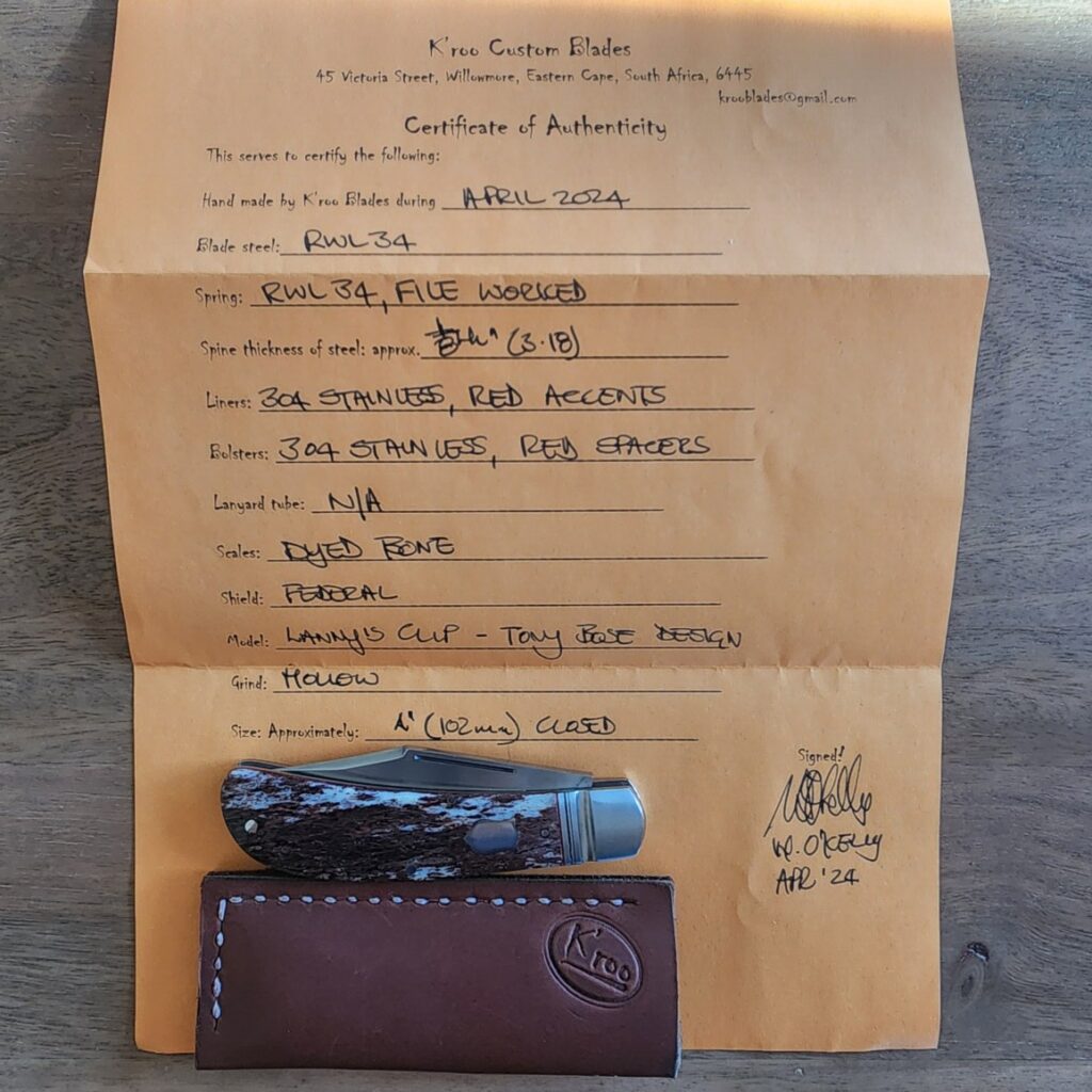 It's Official: We Sell K'roo Knives! knives for sale K'Roo Custom Hollow Ground Lanny's Clip in Brown Bone Created April 2024 by W. O'Kelly knives for sale