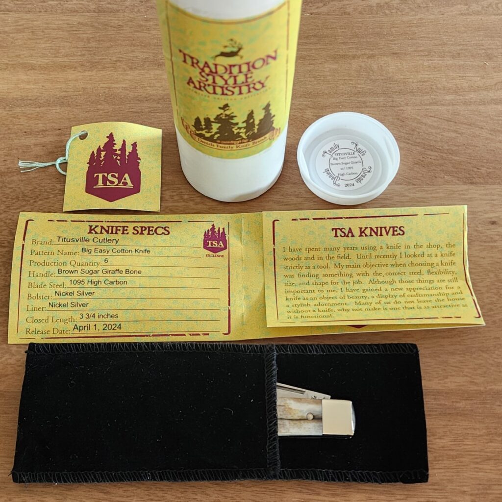 Quinn Lake Collection UpdateExclusive Spotlight: The Titusville TSA Brown Sugar Giraffe Bone Big Easy Cotton Sampler knives for sale Titusville TSA Exclusive Brown Sugar Giraffe Bone Big Easy Cotton Sampler 1095 Carbon W/ Long Pull 1 of 6 knives for sale