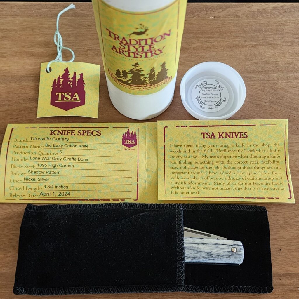 TSAK Exclusive Lone Wolf Giraffe Bone knives for sale Titusville TSA Exclusive Lone Wolf Giraffe Bone Big Easy Cotton Sampler Shadow Pattern 1095 Carbon W/ Long Pull 1 of 6 knives for sale