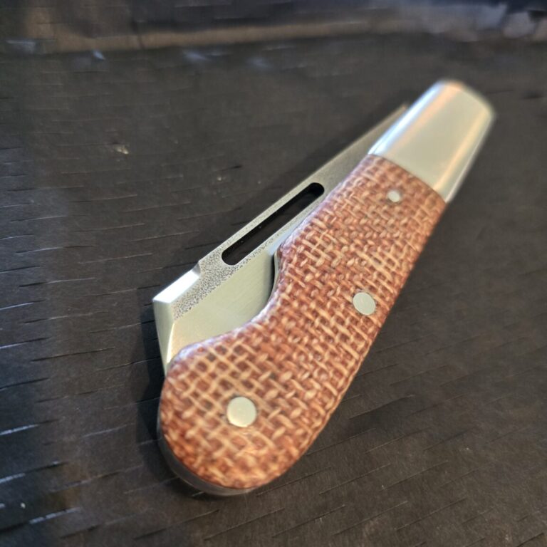 K'Roo Custom Easy Open Sheep Foot in Brown Burlap Micarta Created by W. O'Kelly (very gently used)