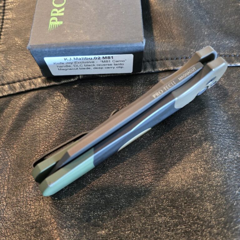 PROTECH KJ. MALIBU 02 FLIPPER M81 Camo Handle, DLC Black REVERSE TANTO Magnacut (Knife Joy Exclusive)
