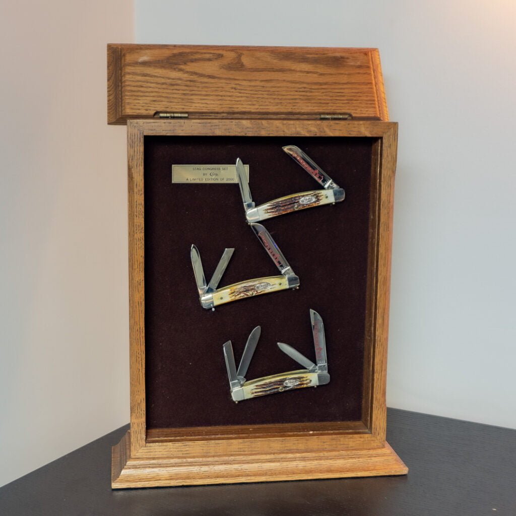 TSAK Exclusives and Lake Andrew update knives for sale Case Congress Set of 3 Stag 1984 Knives with Solid Oak Display Case (1 of 2000) knives for sale