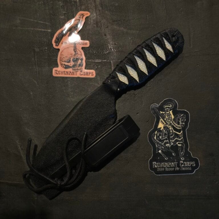 Revenant Corps G10 Drop Point Recurve DPR Black on Black w/ Belt Clip Sheath and White Stingray