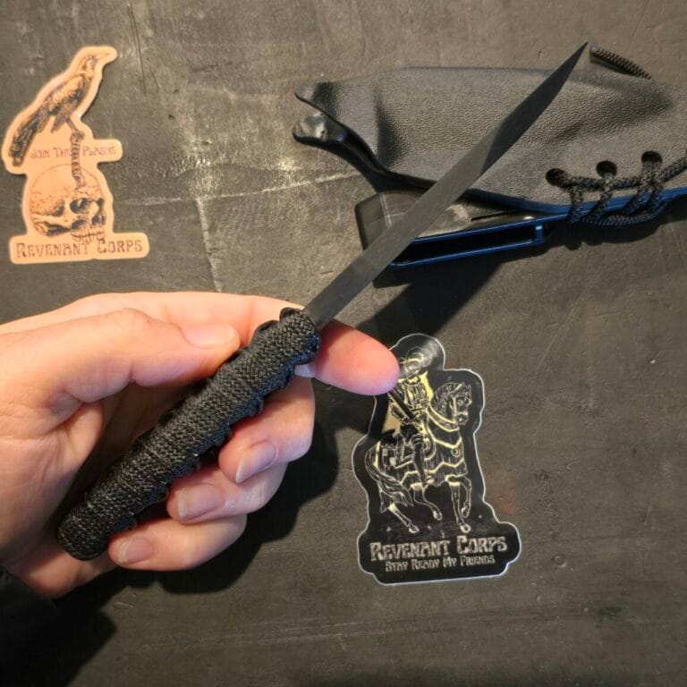 Revenant Corps G10 Drop Point Recurve DPR Black on Black w/ Belt Clip Sheath and White Stingray