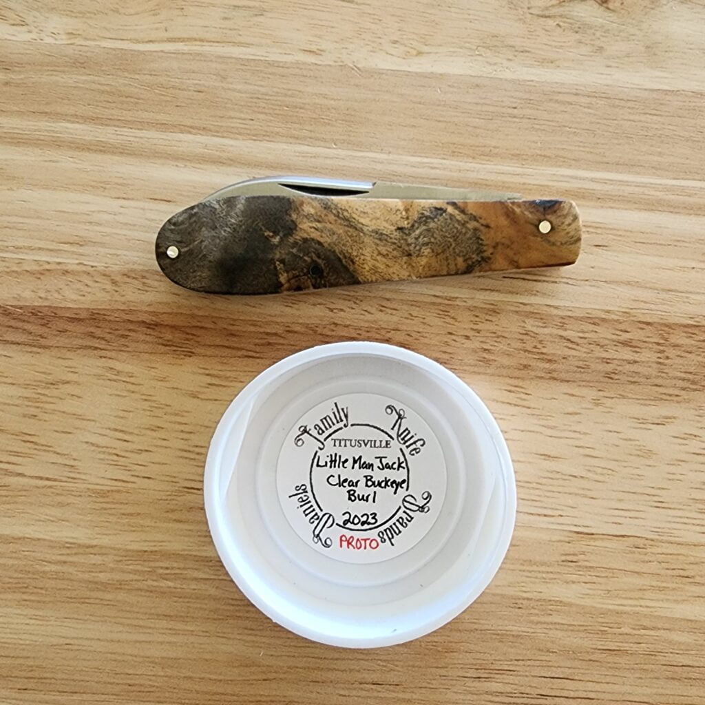 Daniels Family Knife Brands TSAK Exclusive PROTOTYPE Clear Buckeye Burl Little Man Jack – gallery image 4