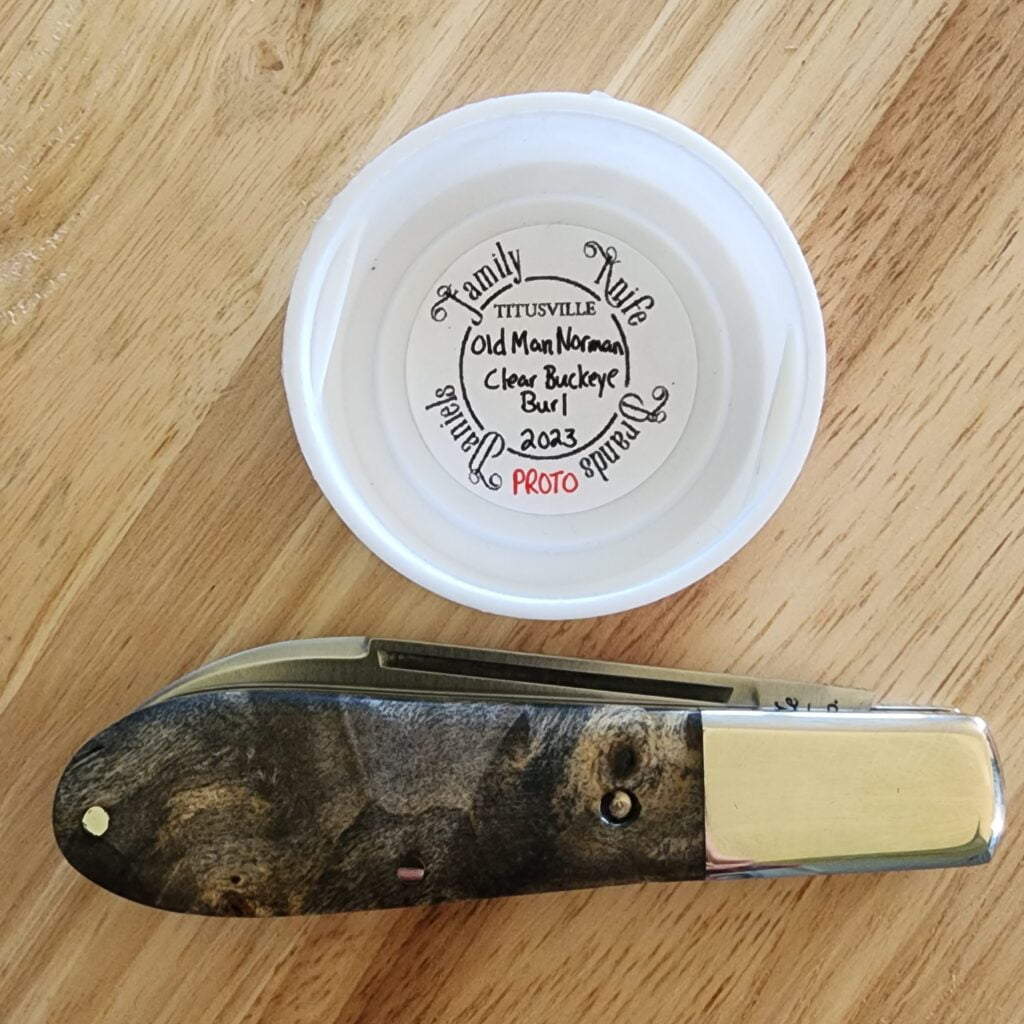 Daniels Family Knife Brands TSAK Exclusive PROTOTYPE Old Man Norman Clear Buckeye Burl – gallery image 7