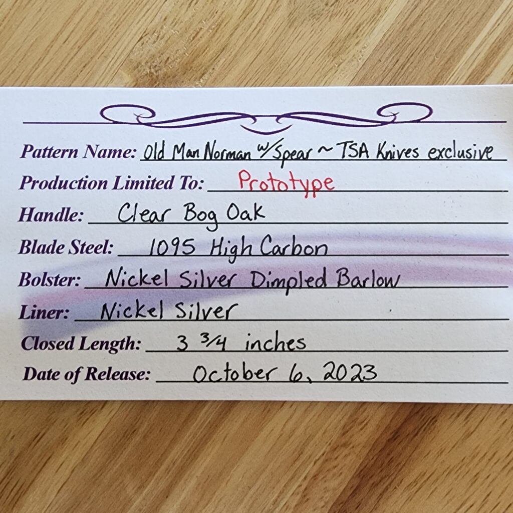 Daniels Family Knife Brands TSAK Exclusive PROTOTYPE Old Man Norman Clear Bog Oak – gallery image 7