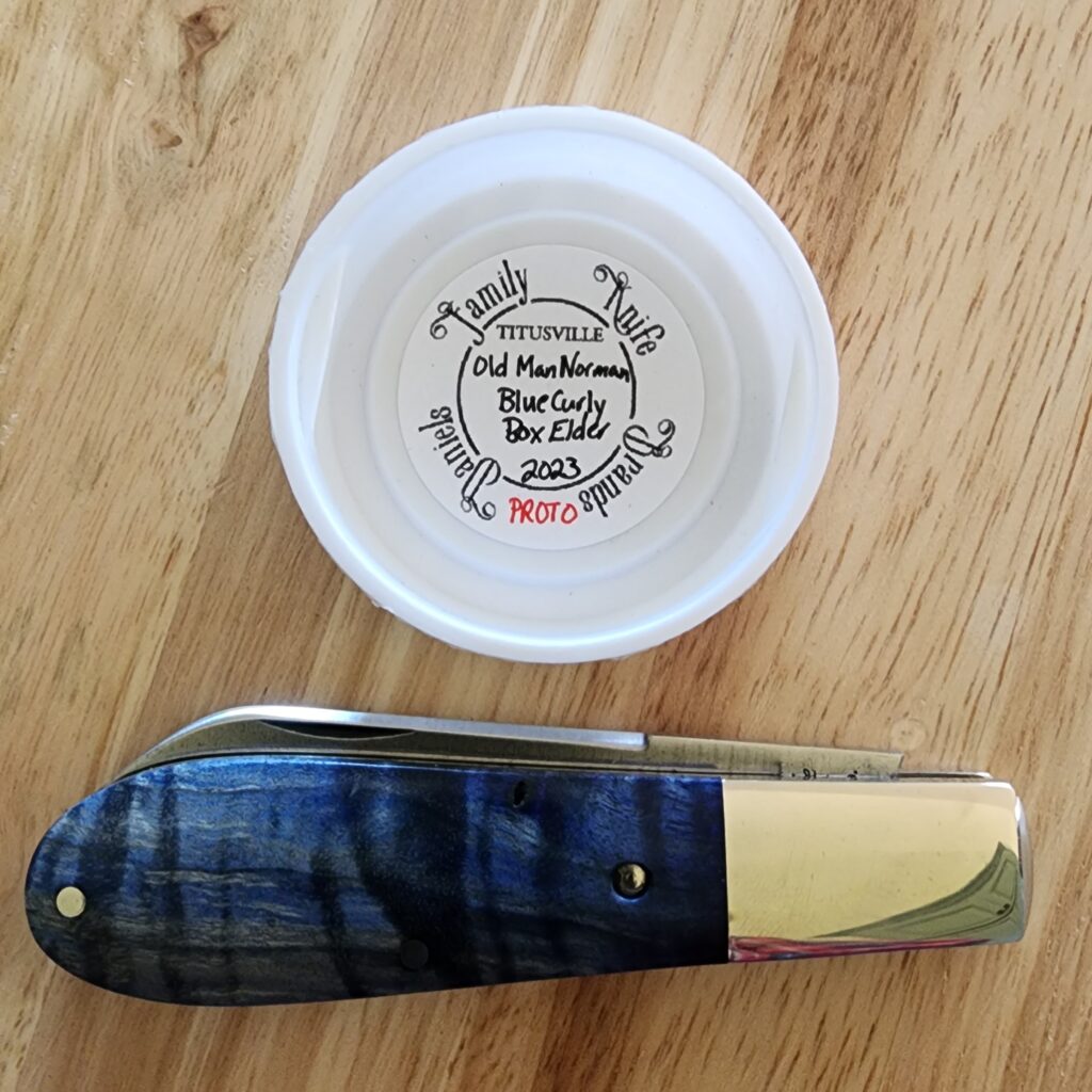 Daniels Family Knife Brands TSAK Exclusive PROTOTYPE Old Man Norman Blue Curly Boxelder – gallery image 3