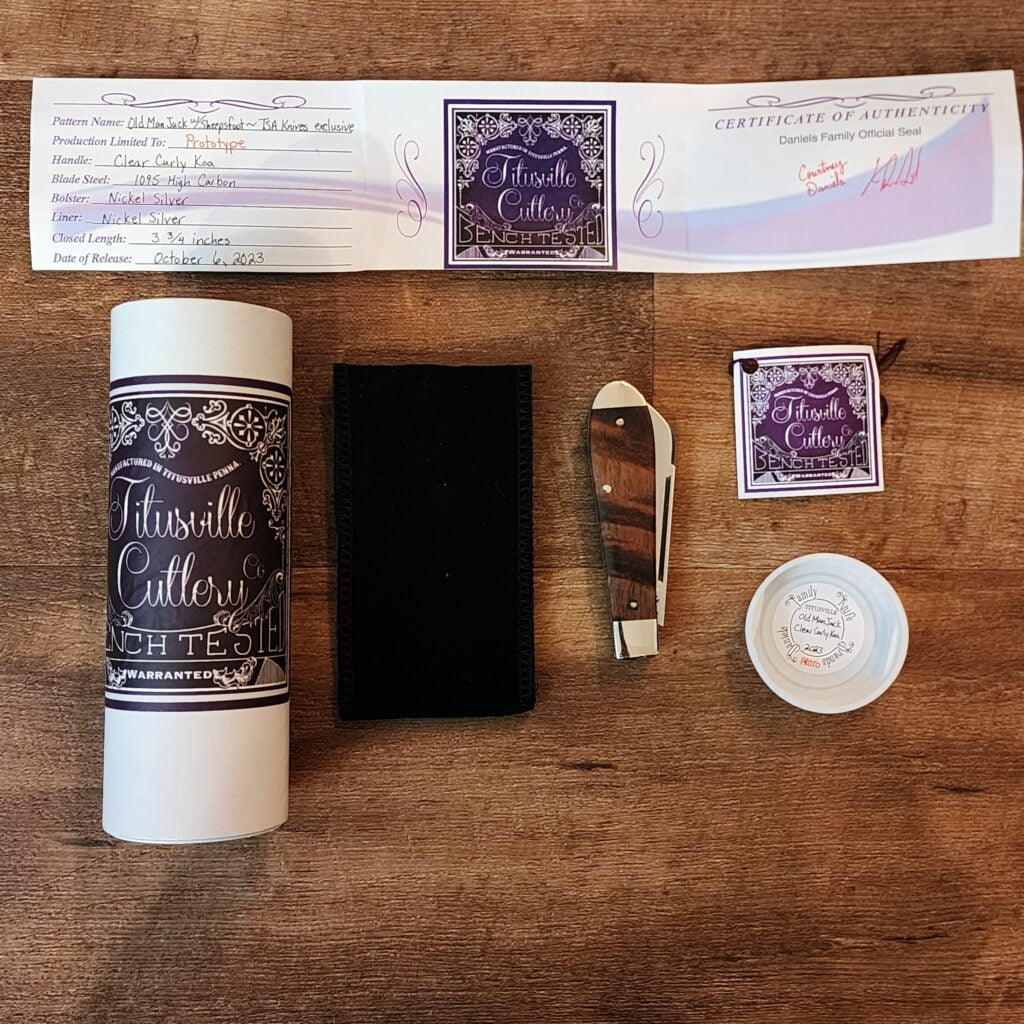 Daniels Family Knife Brands TSAK Exclusive PROTOTYPE Old Man Jack Clear Curly Koa 2023 – gallery image 3