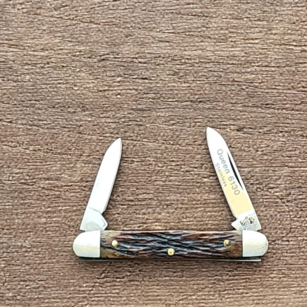 Queen #6130 2 Blade Tiny Pen Knife Brown Jigged Bone – gallery image 1