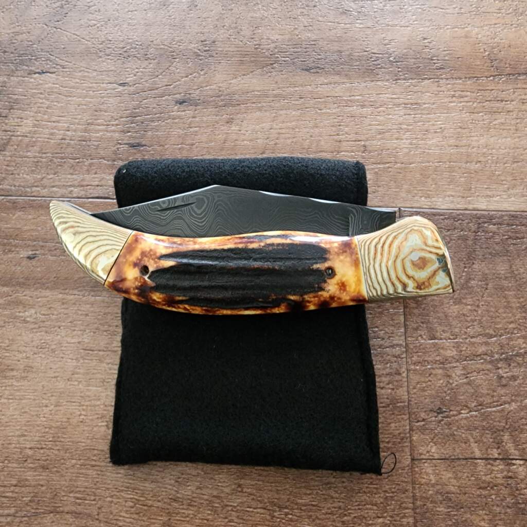 Excelsior Knife Co. Custom Grizzly Adams Burnt Stag Damascus Folder 1 of 1 Chuck Hawes Exclusive – gallery image 9