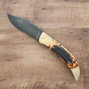 Excelsior Knife Co. Custom Grizzly Adams Burnt Stag Damascus Folder 1 of 1 Chuck Hawes Exclusive knives for sale