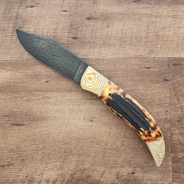 Excelsior Knife Co. Custom Grizzly Adams Burnt Stag Damascus Folder 1 of 1 Chuck Hawes Exclusive – gallery image 1