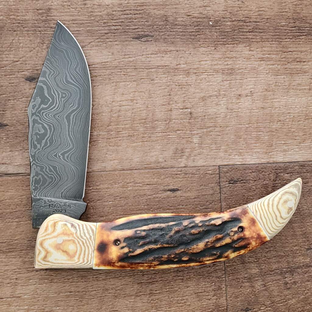 Excelsior Knife Co. Custom Grizzly Adams Burnt Stag Damascus Folder 1 of 1 Chuck Hawes Exclusive – gallery image 11