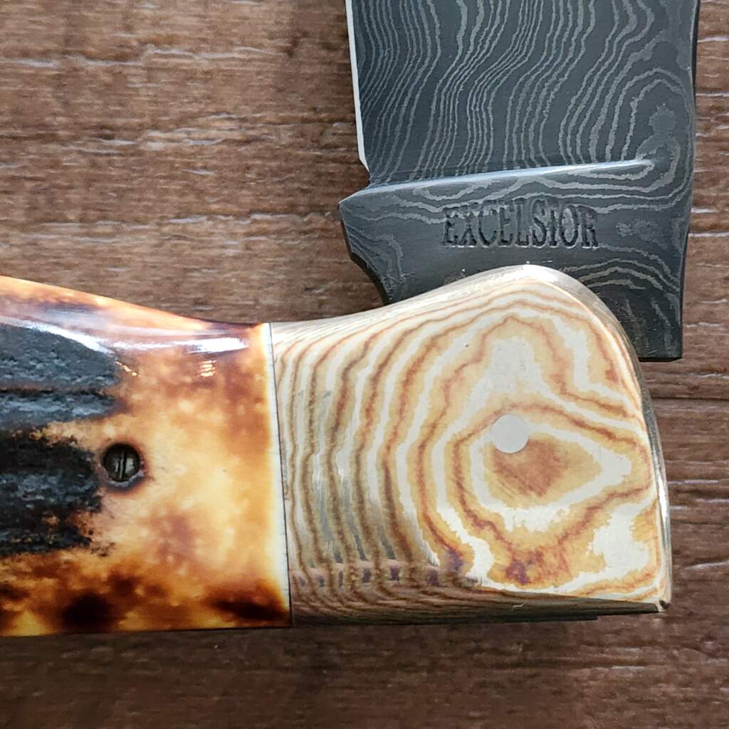 Excelsior Knife Co. Custom Grizzly Adams Burnt Stag Damascus Folder 1 of 1 Chuck Hawes Exclusive – gallery image 5
