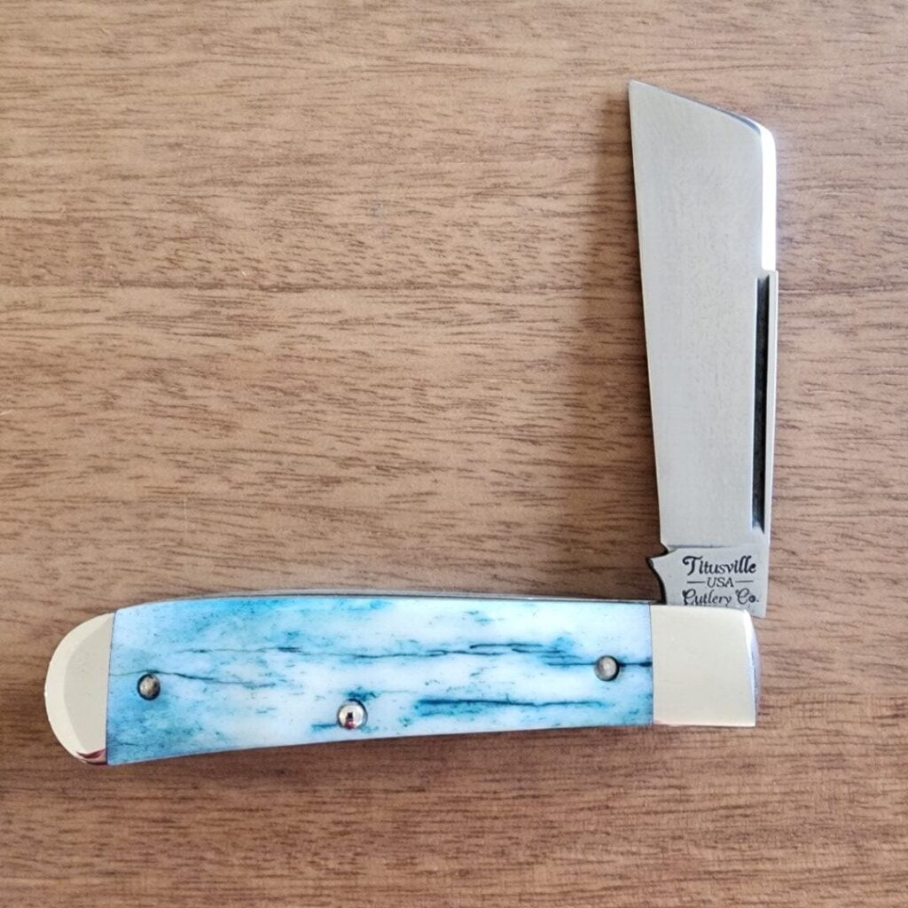Titusville TSA Exclusive Mermaid Blue Giraffe Bone Big Easy Cotton Sampler 1095 Carbon W/ Long Pull 1 of 6 knife for sale