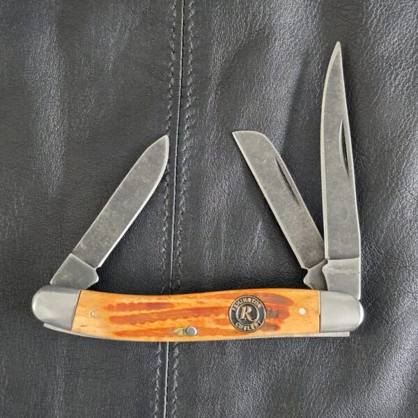 Remington Backwoods Series Knife with coffee brown handles, Remington shield and stonewashed carbon steel blade 15643 – gallery image 1
