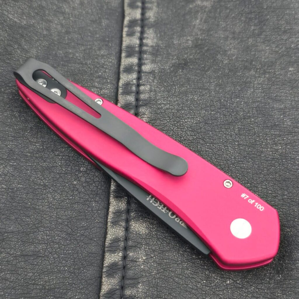 Protech Fight'n Rooster Newport with Solid Red Handle, Black DLC Blade, Black Lip Pearl Button and Black Clip #7 of 100 – gallery image 4