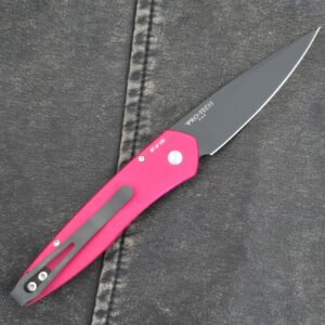 Protech Fight'n Rooster Newport with Solid Red Handle, Black DLC Blade, Black Lip Pearl Button and Black Clip #7 of 100