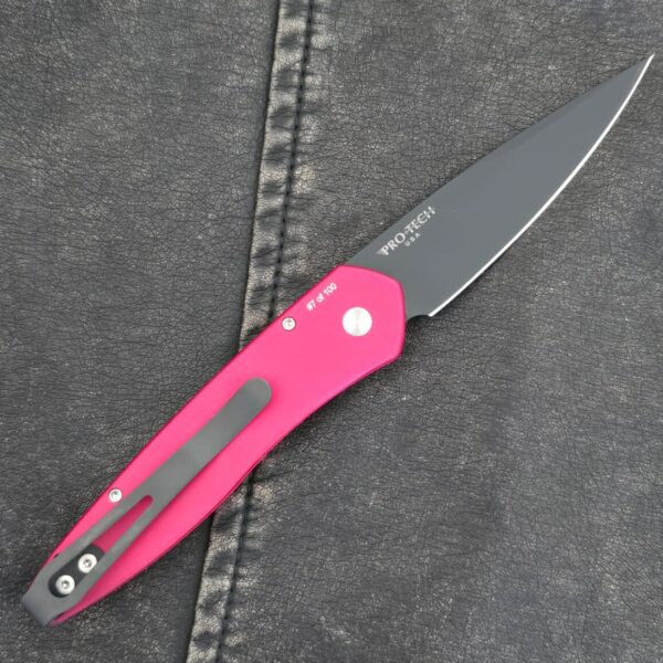 Protech Fight'n Rooster Newport with Solid Red Handle, Black DLC Blade, Black Lip Pearl Button and Black Clip #7 of 100 – gallery image 1