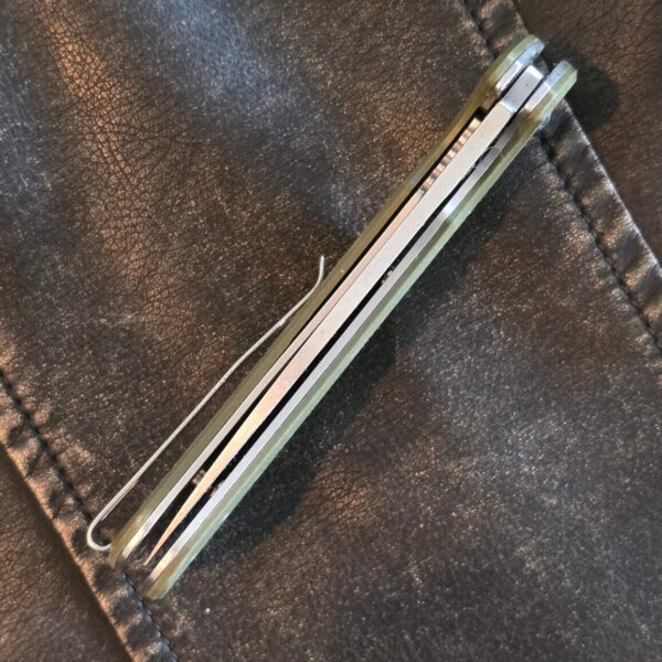 REVO Ness Liner Lock OD Green G10 with Lanyard Hole and Pocket Clip, Flipper (used)