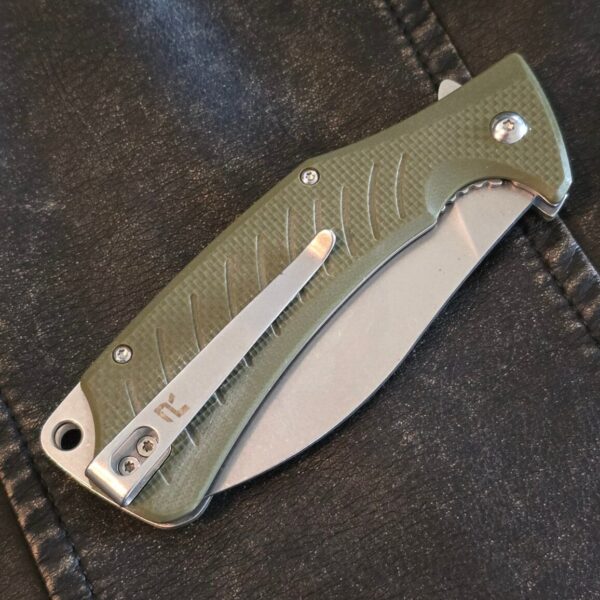 REVO Ness Liner Lock OD Green G10 with Lanyard Hole and Pocket Clip, Flipper (used)
