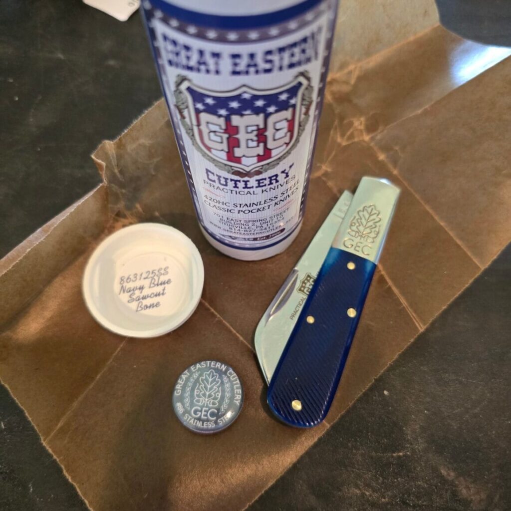 Great Eastern Cutlery #863125 SS Navy Blue Sawcut Bone very gently used knife for sale