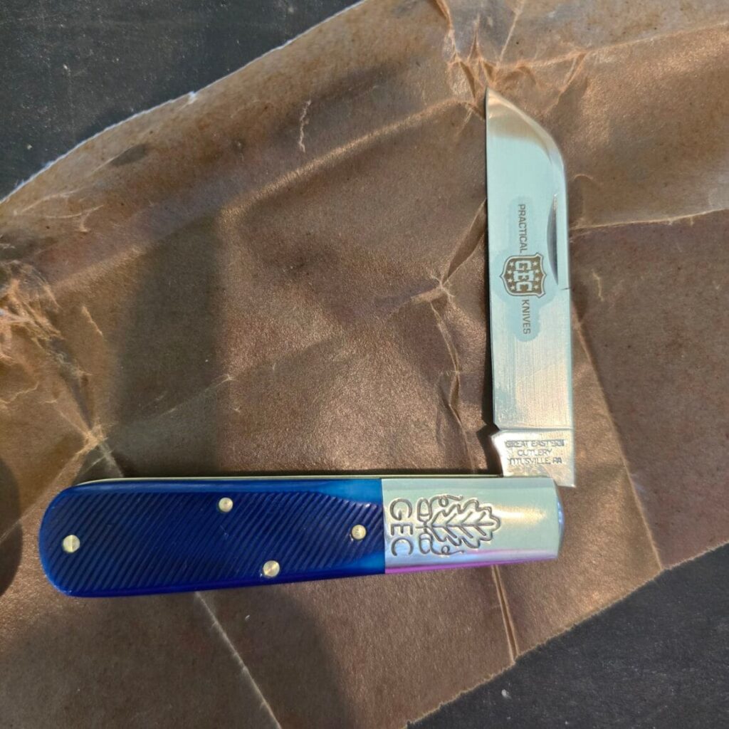 Great Eastern Cutlery #863125 SS Navy Blue Sawcut Bone very gently used knife for sale